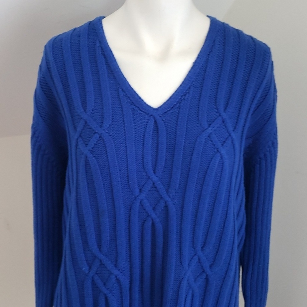 Casual Corner Royal Blue Rib-Knit V Neck Long Tunic Sweater Size L